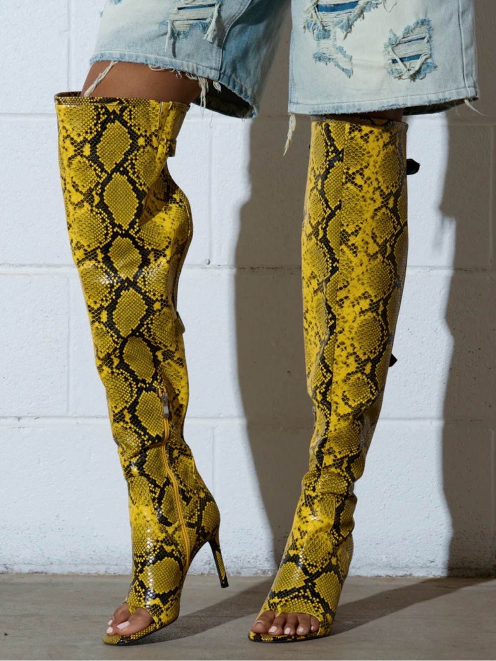 Yellow Snake-Print Open-Toe Heeled Boots - Picture 3 of 8